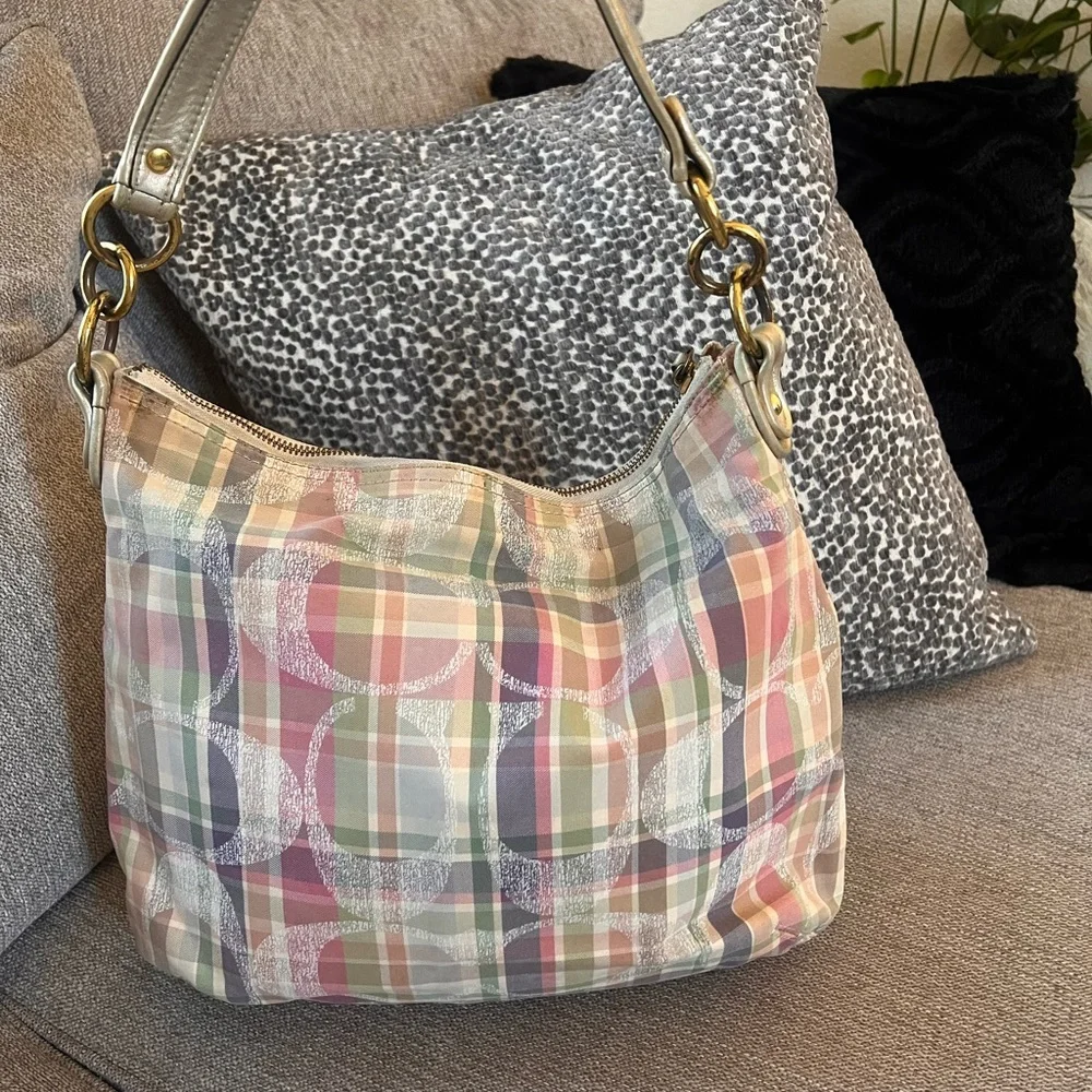 Coach Poppy Madras Tartan Pastel Plaid Hobo Shoulder Bag - Picture 3 of 13
